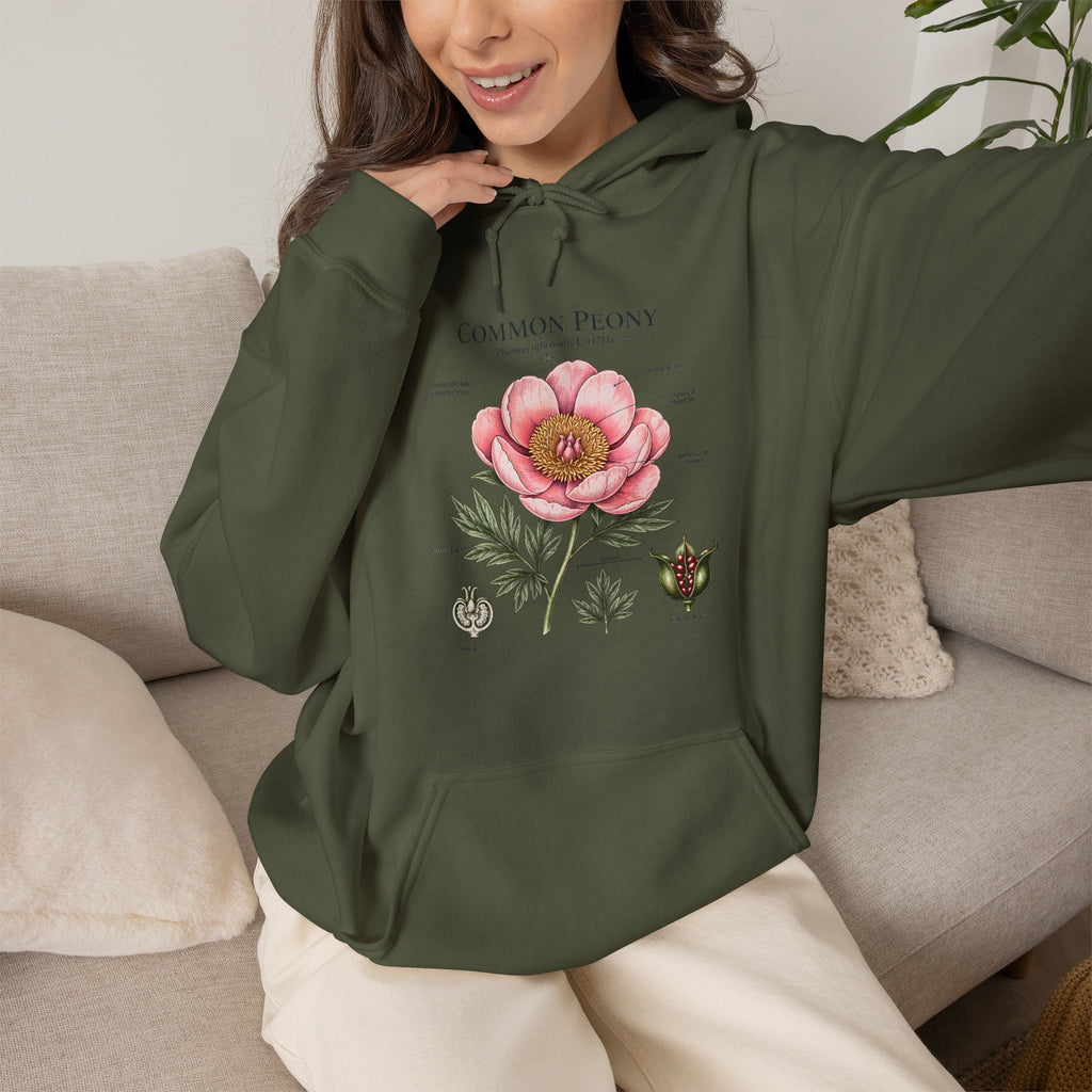 Peony Botanical Hoodie — "Common Peony" Vintage Floral Diagram Sweatshirt