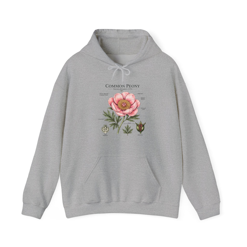 Peony Botanical Hoodie — "Common Peony" Vintage Floral Diagram Sweatshirt