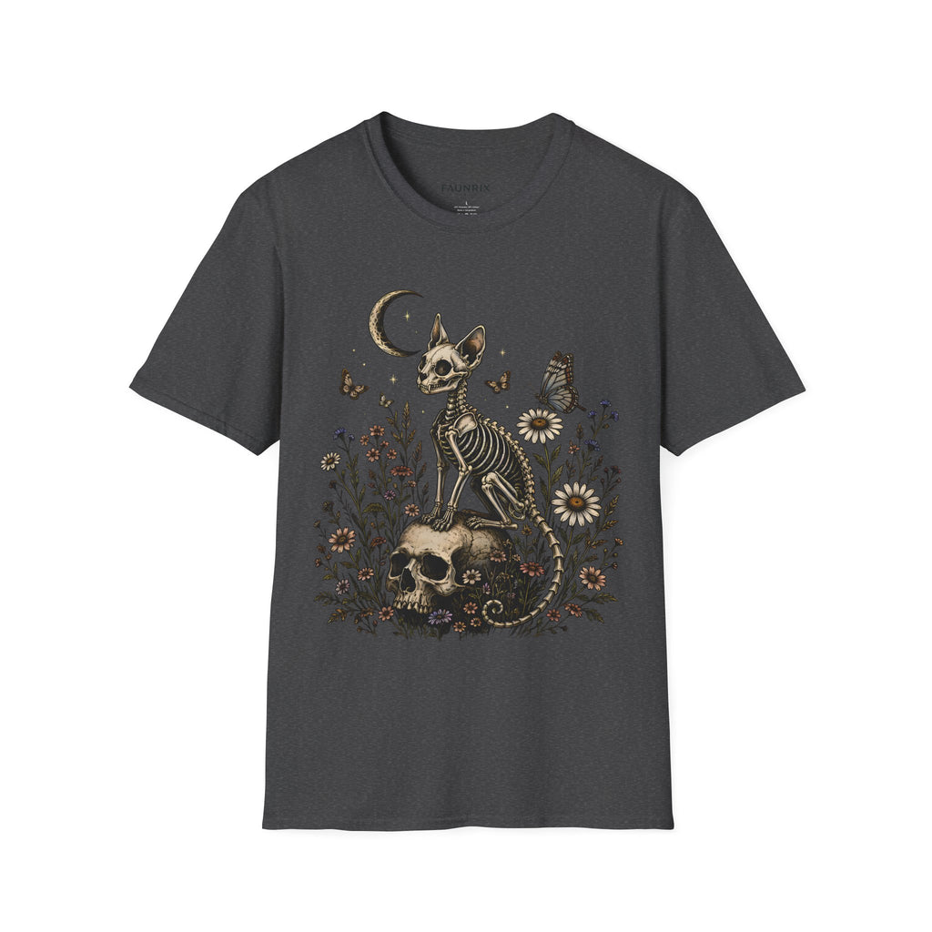 Skeleton Cat Moon T-Shirt — Gothic Floral Skull Tee