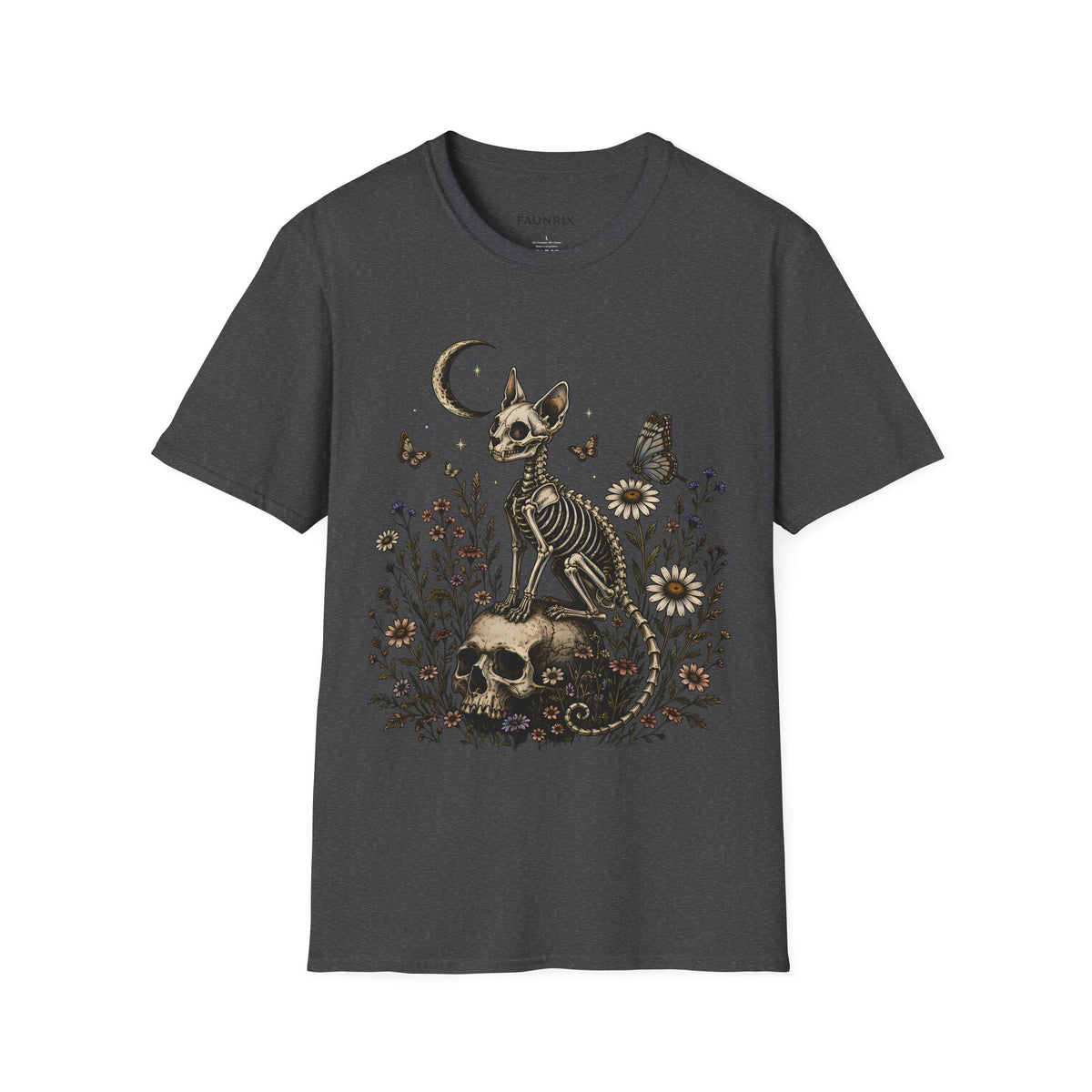 Skeleton Cat Moon T-Shirt — Gothic Floral Skull Tee