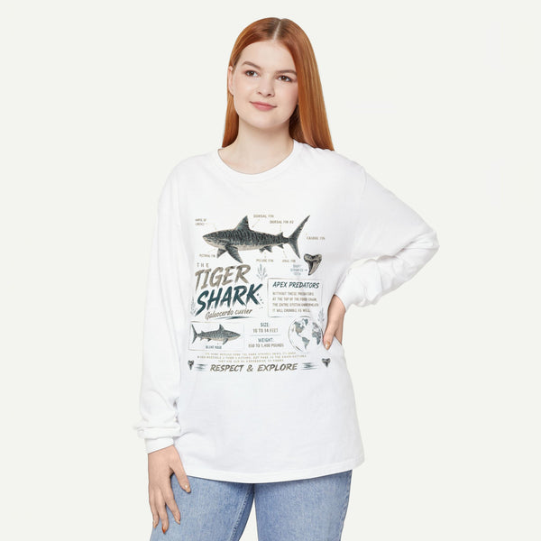 Tiger Shark Graphic Long Sleeve Tee — 'Tiger Shark' Educational Ocean Shirt