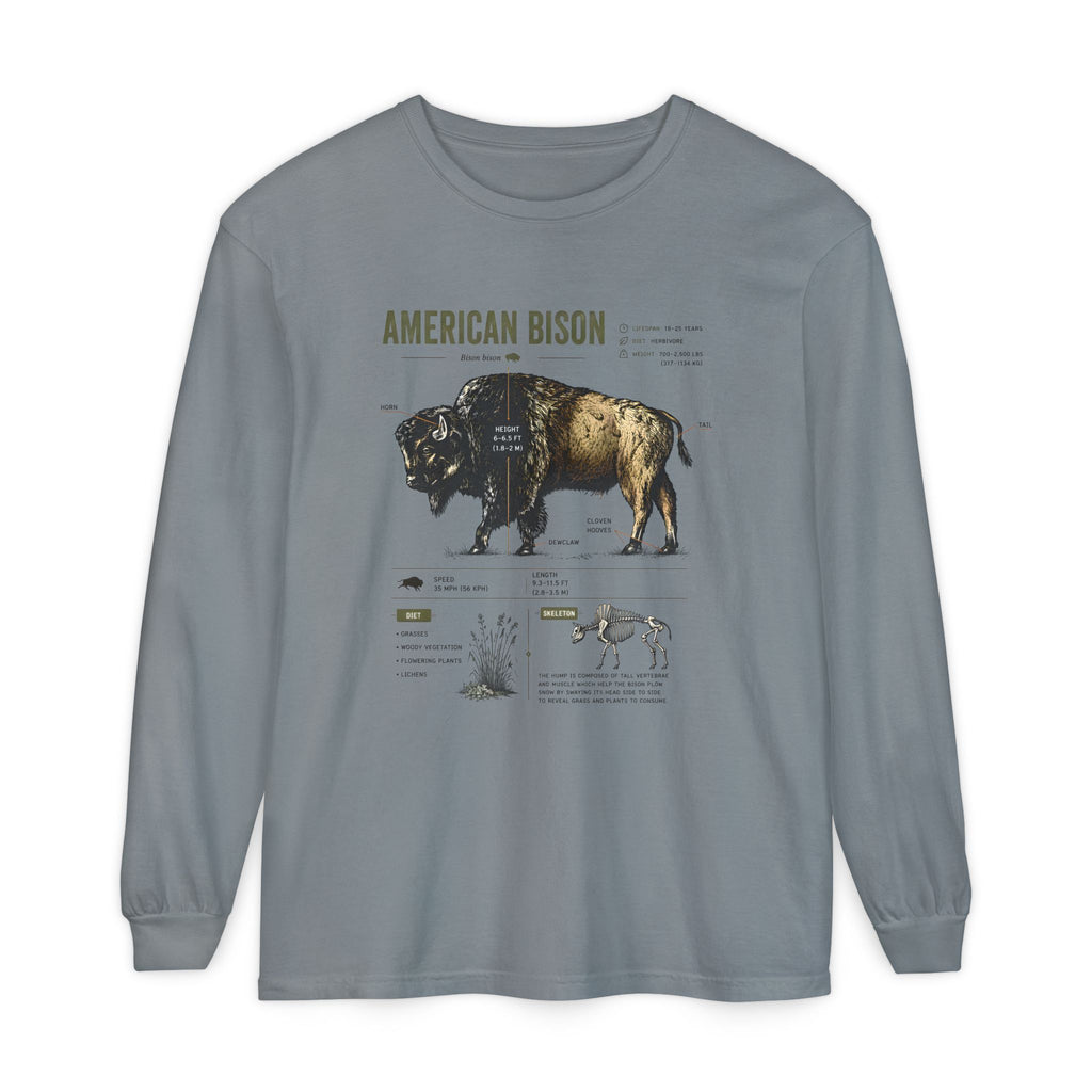 American Bison Anatomy Long Sleeve Tee — Vintage Wildlife Diagram Shirt