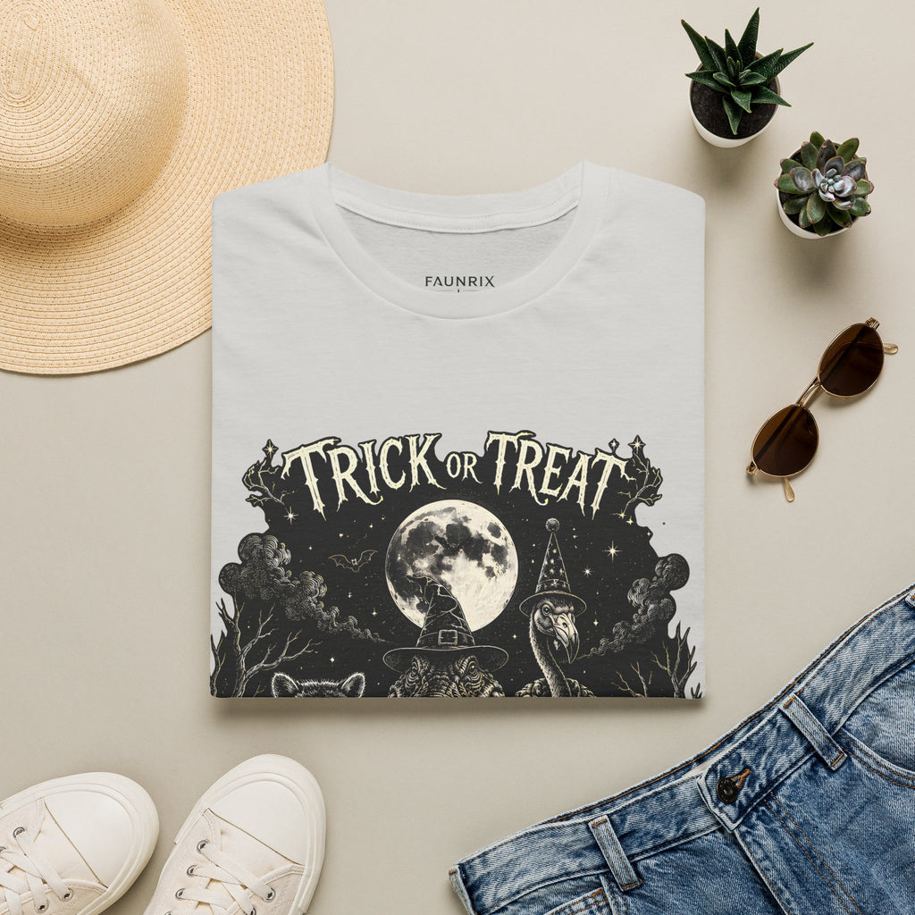 Halloween 'Trick or Treat' T-Shirt — Spooky Moon & Creatures Graphic