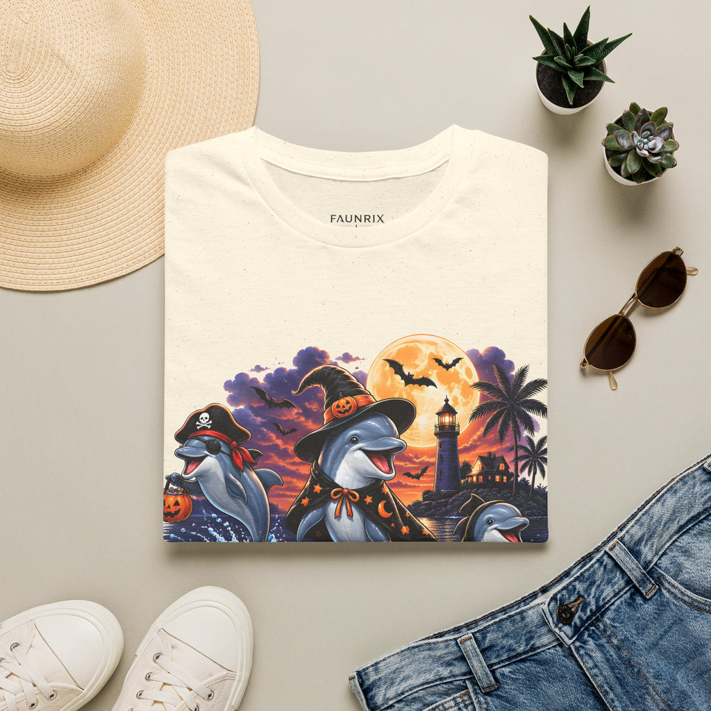 Halloween Dolphin T-Shirt — Cute Spooky Beach Scene with 'Happy Halloween'