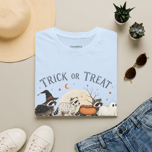 Trick or Treat Halloween T-Shirt — Cute Costume Raccoon, Mummy & Ghost Graphic
