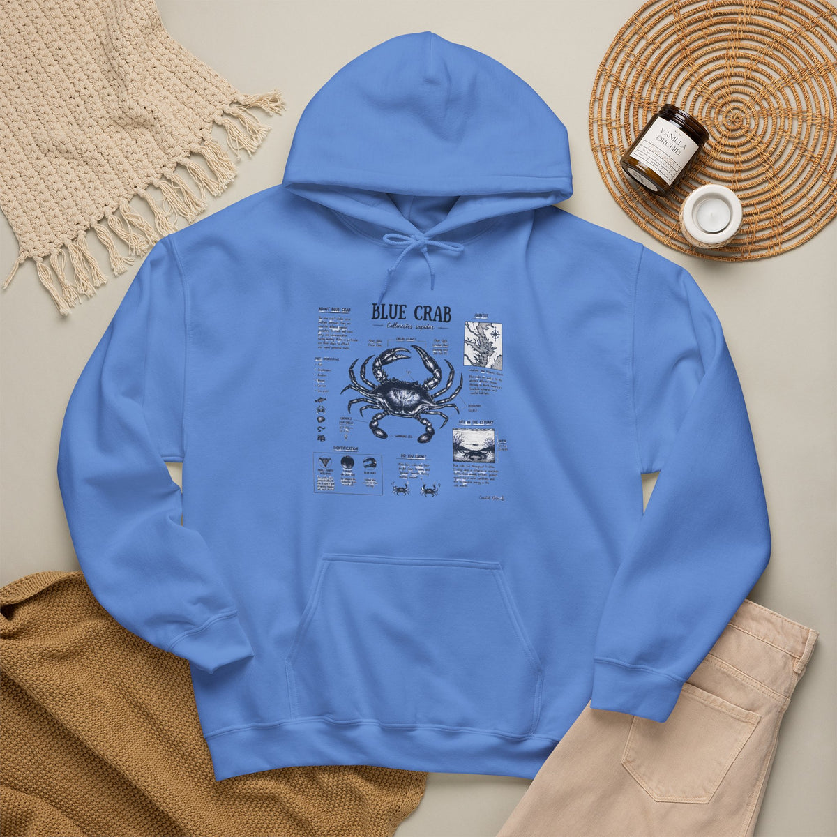 Blue Crab Anatomy Hoodie — Nautical Seafood Diagram Sweatshirt
