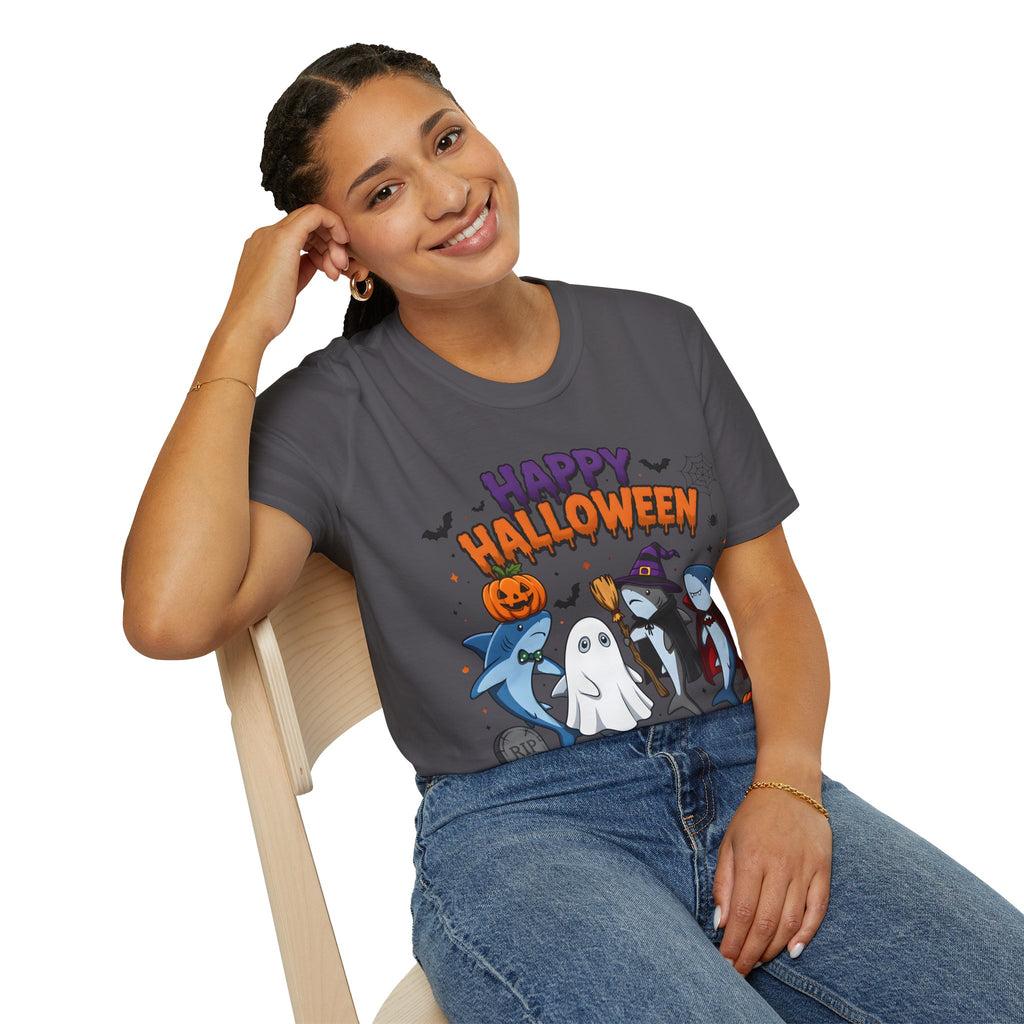 Happy Halloween T-Shirt — Cute Shark, Ghost & Pumpkin Holiday Tee