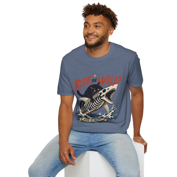 Ride the Wild T-Shirt — Cat Riding Dinosaur Skull Graphic Tee