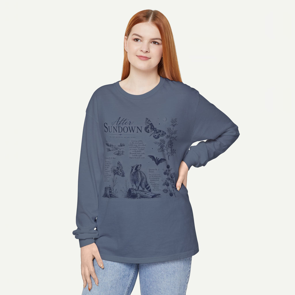 After Sundown Long Sleeve Tee — Vintage Moonlit Nature Graphic