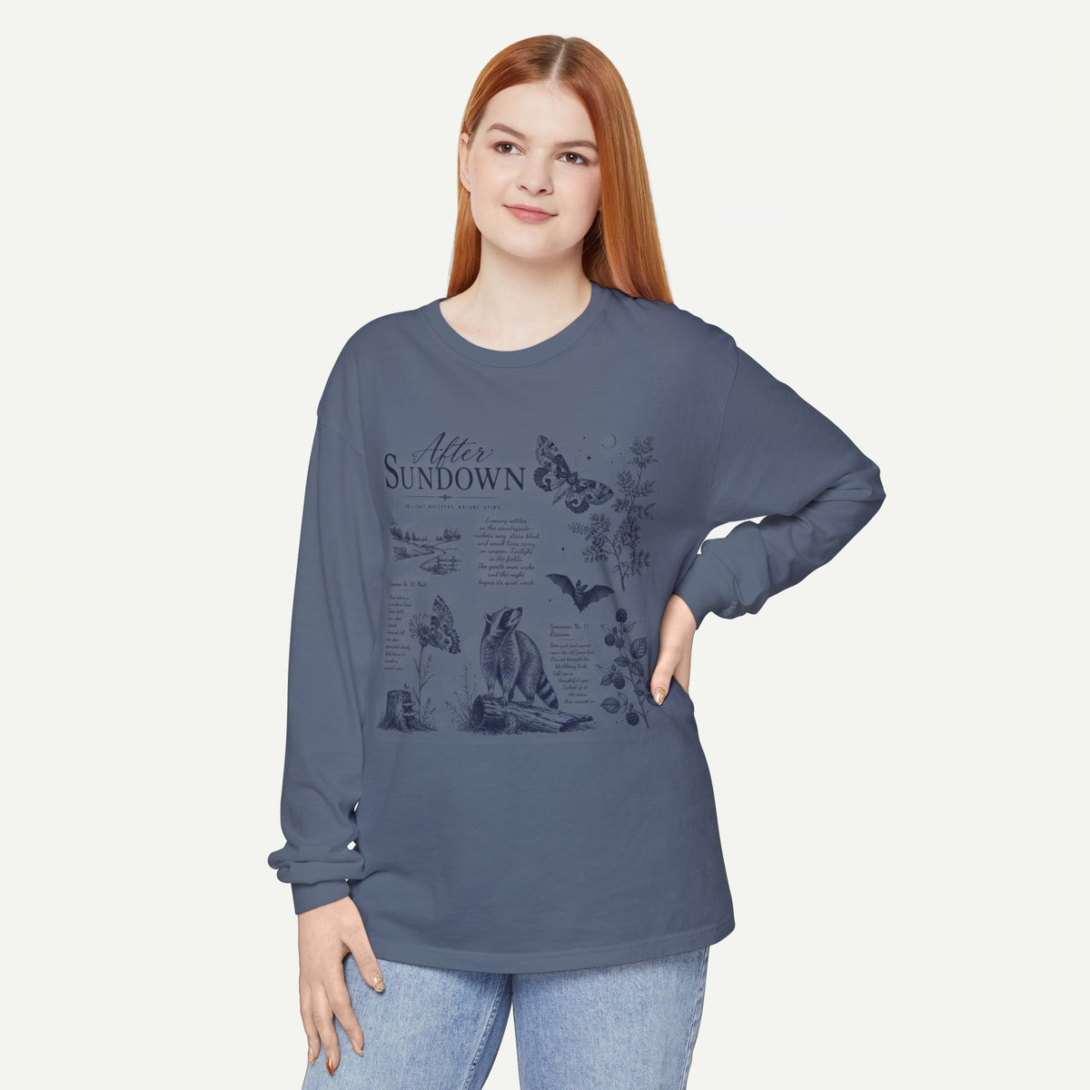 After Sundown Long Sleeve Tee — Vintage Moonlit Nature Graphic