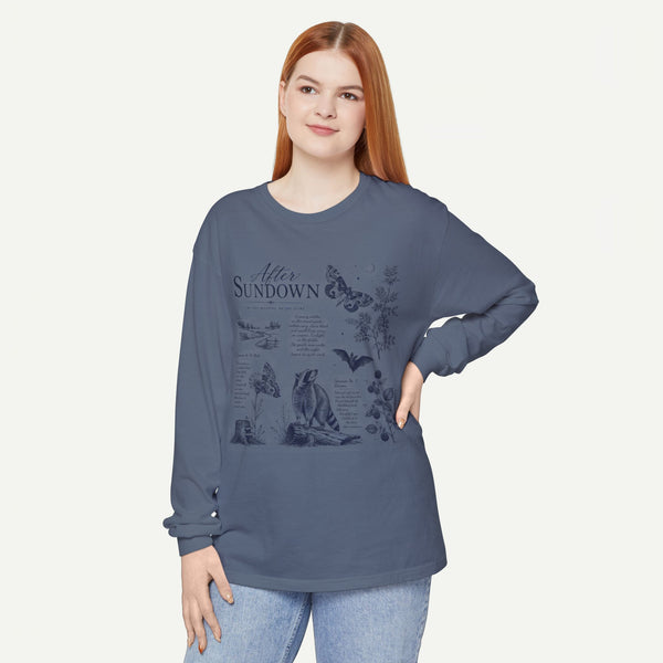After Sundown Long Sleeve Tee — Vintage Moonlit Nature Graphic