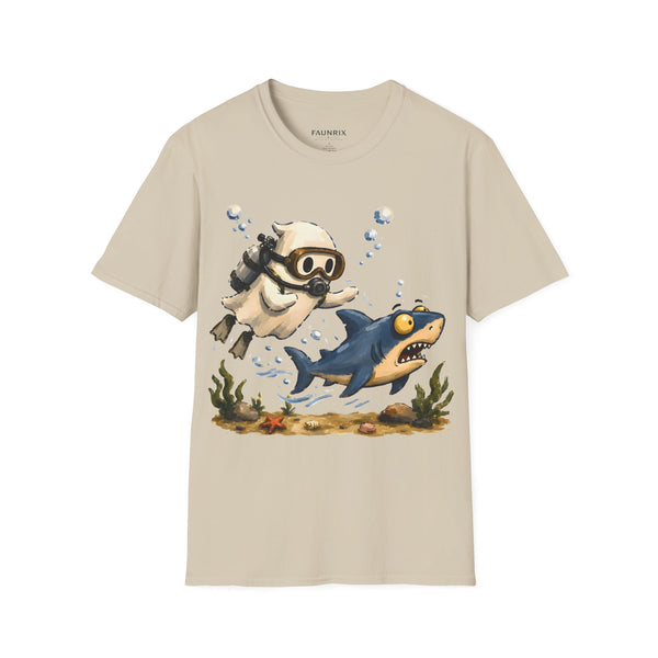 Dive Buddy T‑Shirt — Cute Scuba Pug Chasing Shark Illustration