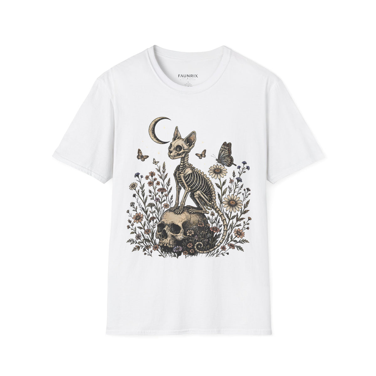 Skeleton Cat Moon T-Shirt — Gothic Floral Skull Tee