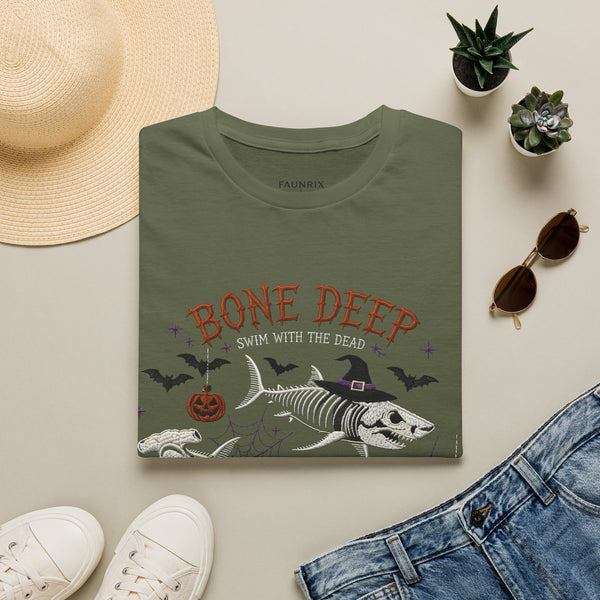 T-Shirt — "Bone Deep" Halloween Fish Skeleton Graphic Tee