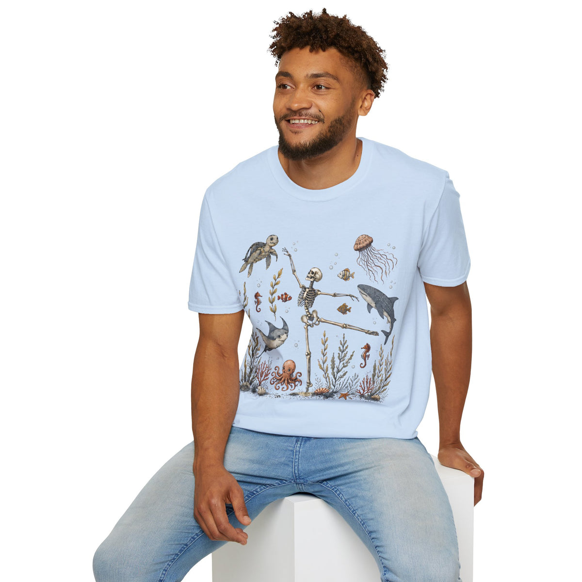Skeleton & Sea Creatures T-Shirt — Whimsical Underwater Ocean Art Tee