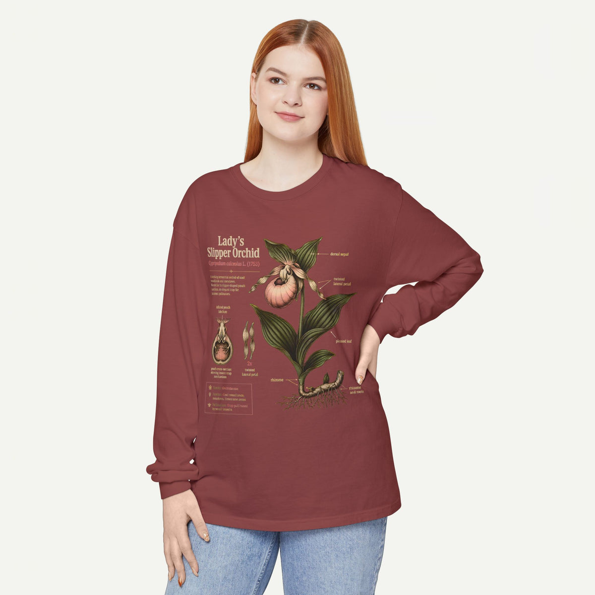 Lady's Slipper Botanical Long Sleeve Tee — Vintage Orchid Illustration