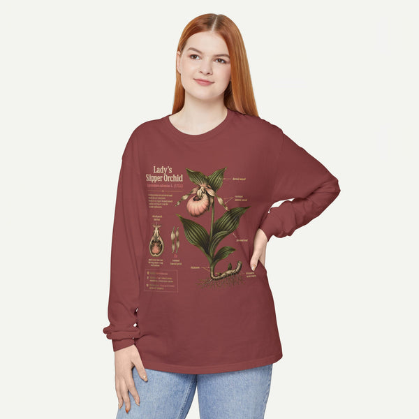 Lady's Slipper Botanical Long Sleeve Tee — Vintage Orchid Illustration