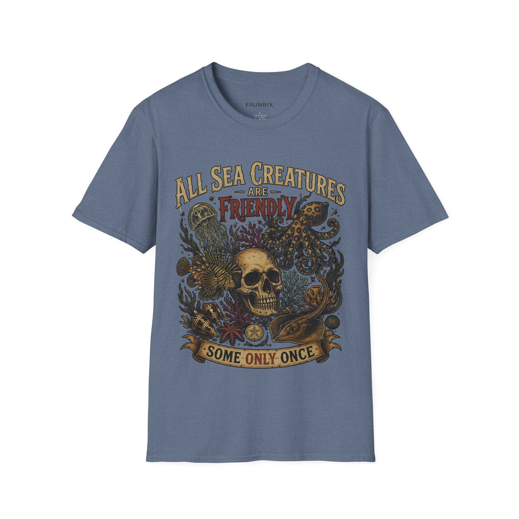 Ocean Creature Graphic T-Shirt — "All Sea Creatures Are Friendly (Some Only Once)" Vintage Skull Octopus Tee