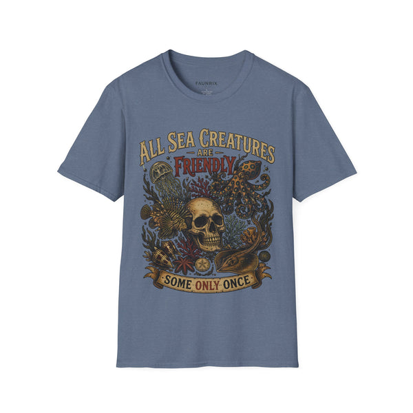Ocean Creature Graphic T-Shirt — "All Sea Creatures Are Friendly (Some Only Once)" Vintage Skull Octopus Tee