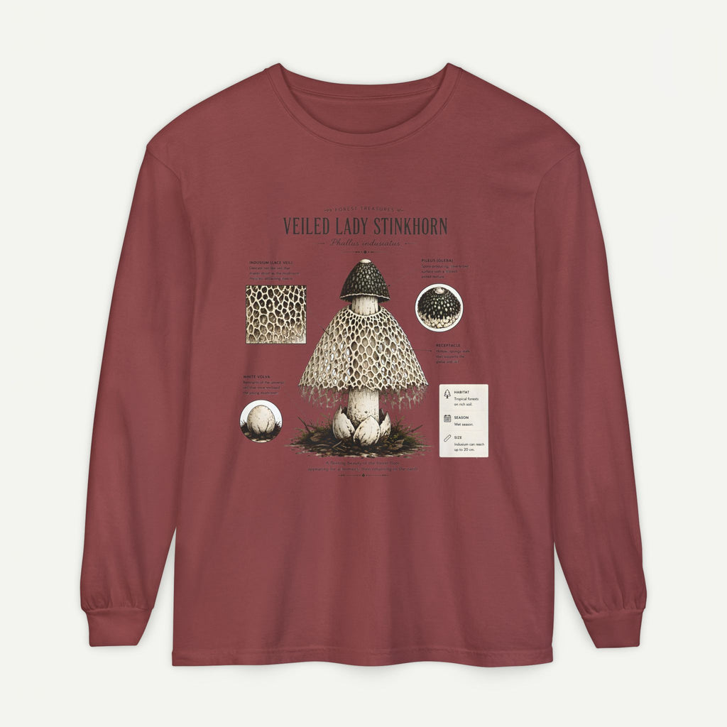 Veiled Lady Stinkhorn Mushroom Long Sleeve Tee — Botanical Fungi Illustration