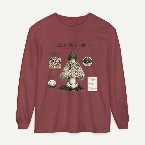 Veiled Lady Stinkhorn Mushroom Long Sleeve Tee — Botanical Fungi Illustration