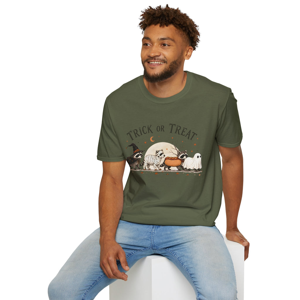 Trick or Treat Halloween T-Shirt — Cute Costume Raccoon, Mummy & Ghost Graphic