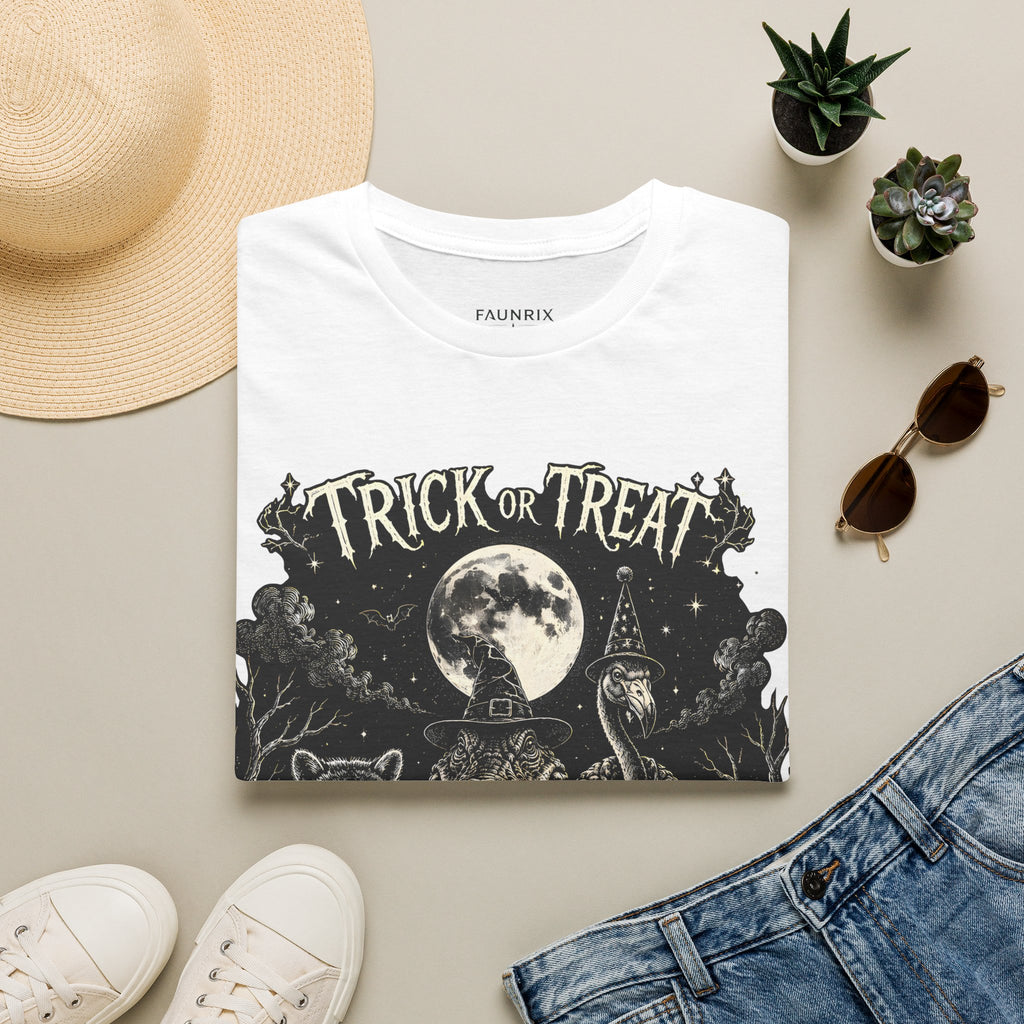 Trick or Treat Halloween T-Shirt — Vintage Moonlit Witch & Spooky Animals Tee