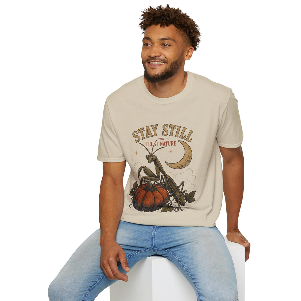 T‑Shirt — Stay Still and Trust Nature Praying Mantis & Moon Graphic Tee