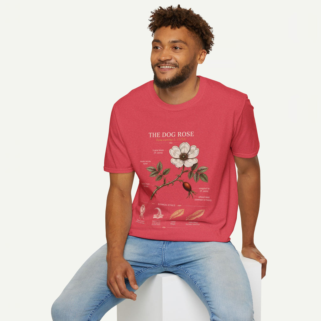 Dog Rose Floral T-Shirt — Botanical Illustration Tee with 'The Dog Rose' Label