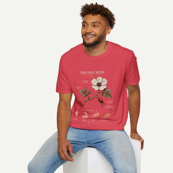 Dog Rose Floral T-Shirt — Botanical Illustration Tee with 'The Dog Rose' Label