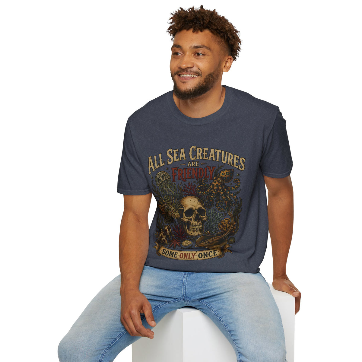 Ocean Creature Graphic T-Shirt — "All Sea Creatures Are Friendly (Some Only Once)" Vintage Skull Octopus Tee