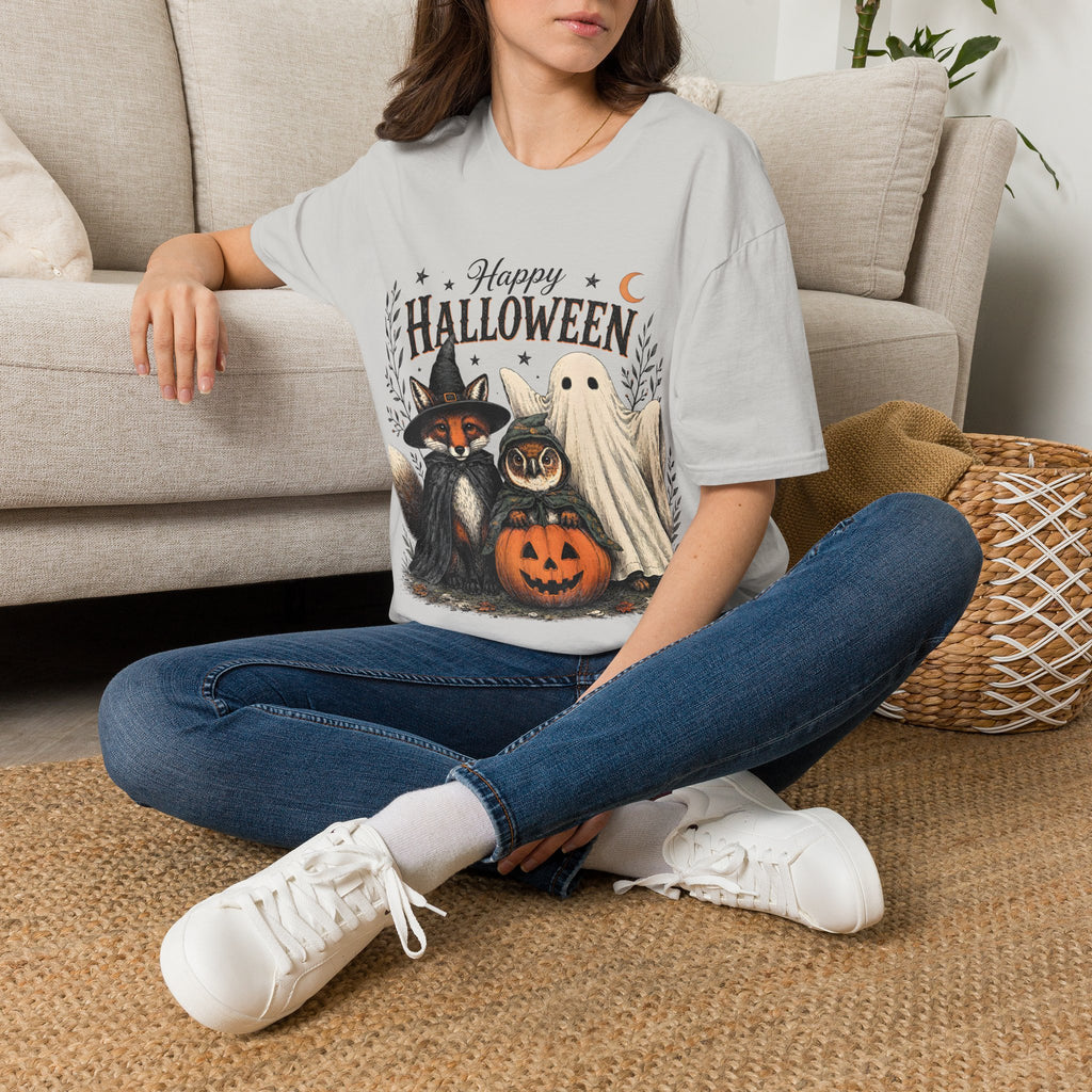Happy Halloween T-Shirt — Cute Witch Cat & Ghost Pumpkin Graphic Tee