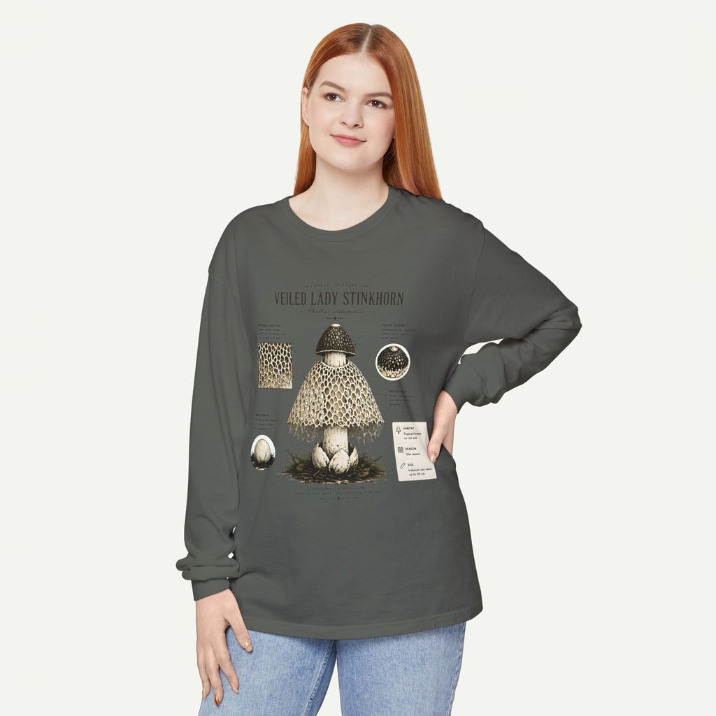 Veiled Lady Stinkhorn Mushroom Long Sleeve Tee — Botanical Fungi Illustration
