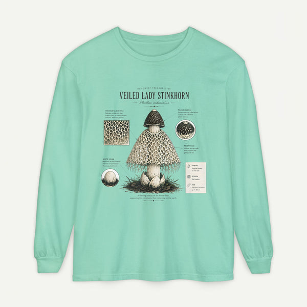 Veiled Lady Stinkhorn Mushroom Long Sleeve Tee — Botanical Fungi Illustration