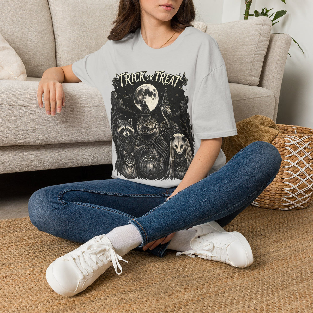 Trick or Treat Halloween T-Shirt — Vintage Moonlit Witch & Spooky Animals Tee