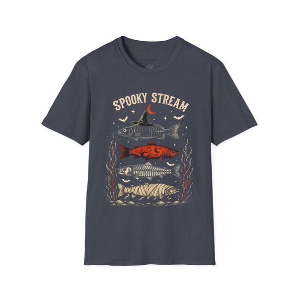 Spooky Stream T-Shirt — Halloween Fish Skeleton Graphic Tee