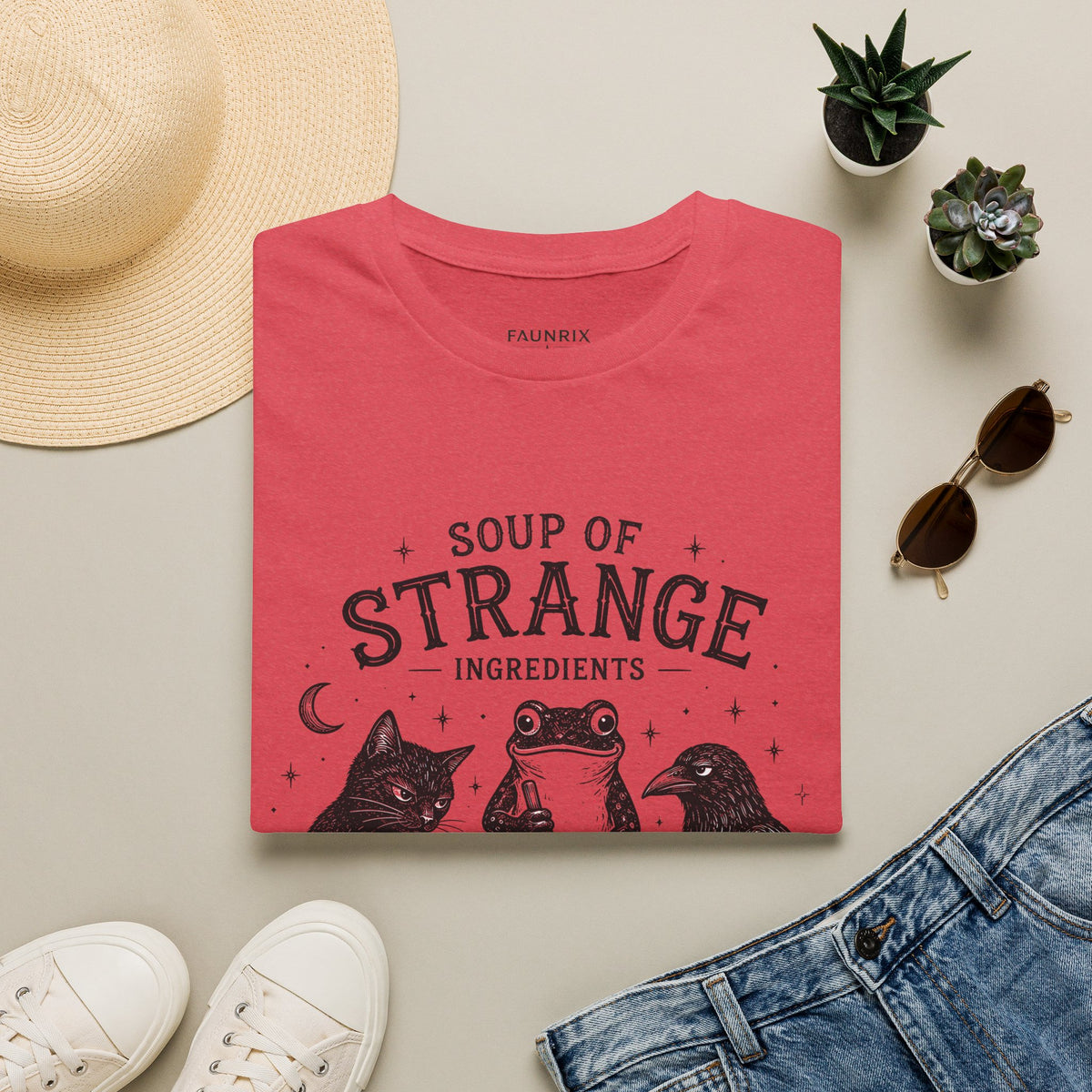 T-Shirt — "Soup of Strange Ingredients" Witchy Frog, Cat & Crow Illustration