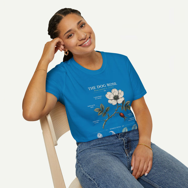 Dog Rose Floral T-Shirt — Botanical Illustration Tee with 'The Dog Rose' Label