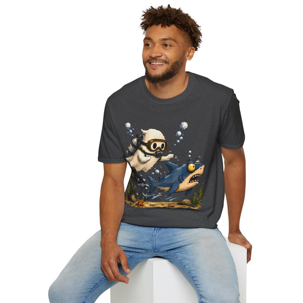Dive Buddy T‑Shirt — Cute Scuba Pug Chasing Shark Illustration