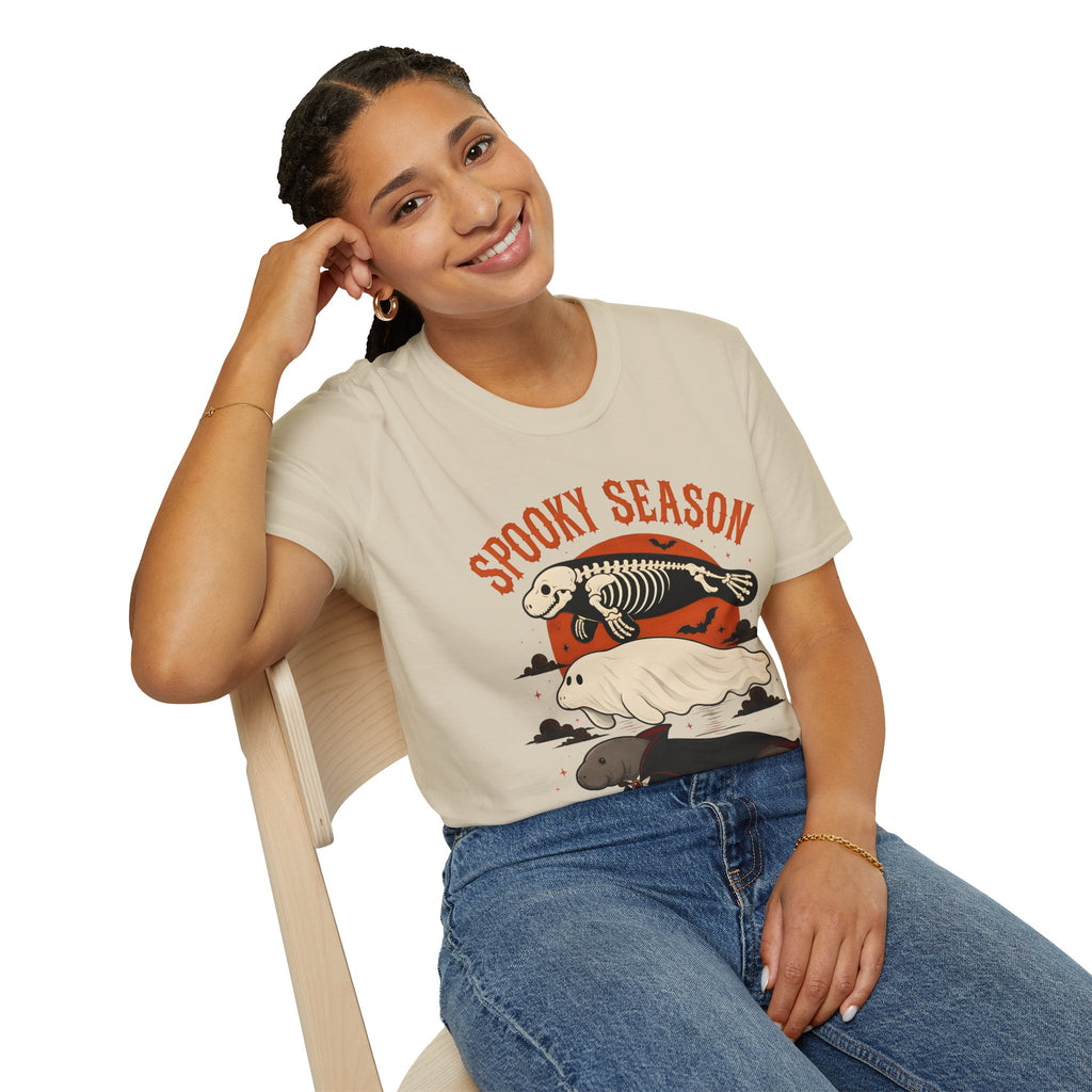 Spooky Season T-Shirt – Retro Skeleton Manatee Halloween Tee