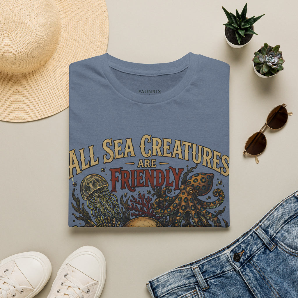 Ocean Creature Graphic T-Shirt — "All Sea Creatures Are Friendly (Some Only Once)" Vintage Skull Octopus Tee