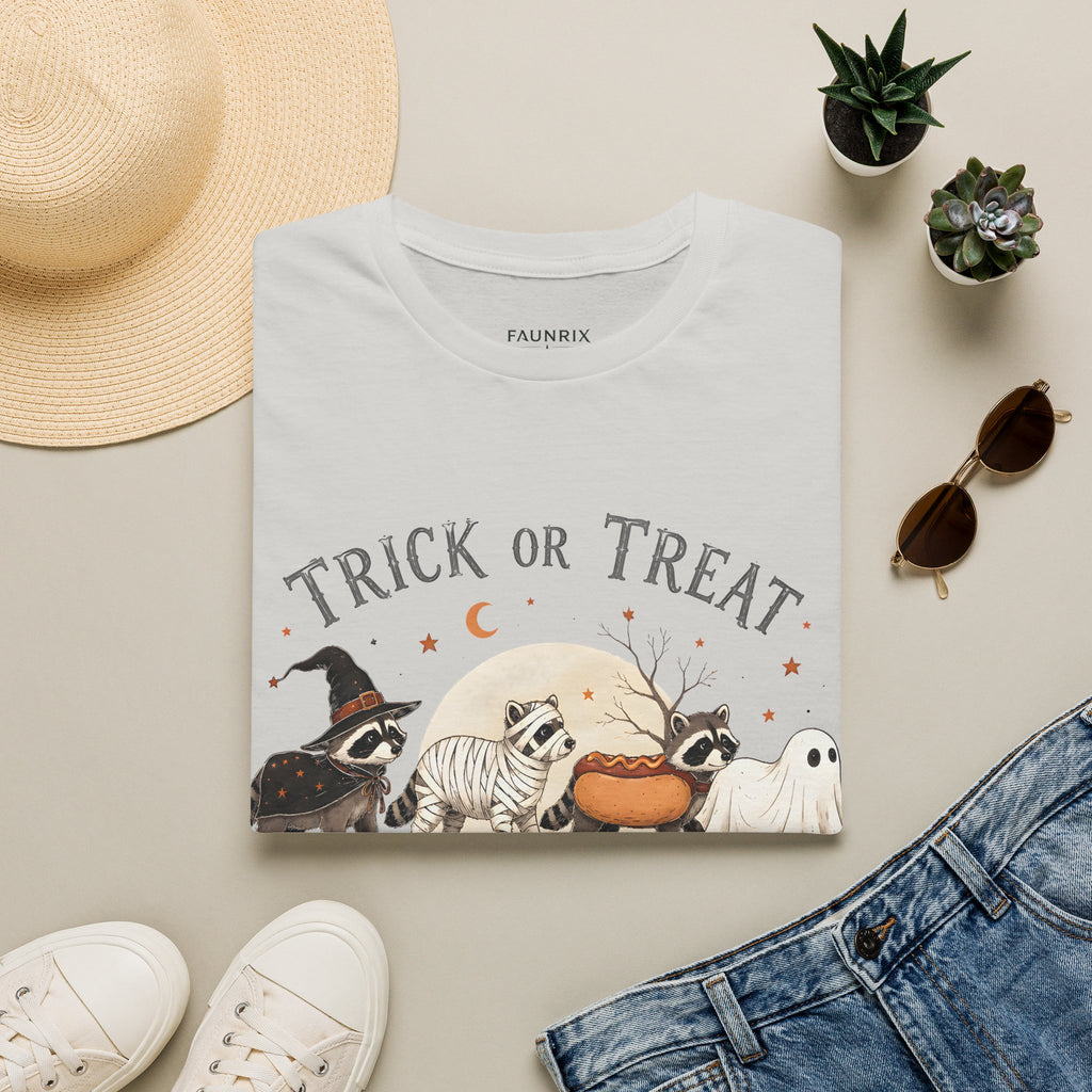 Trick or Treat Halloween T-Shirt — Cute Costume Raccoon, Mummy & Ghost Graphic
