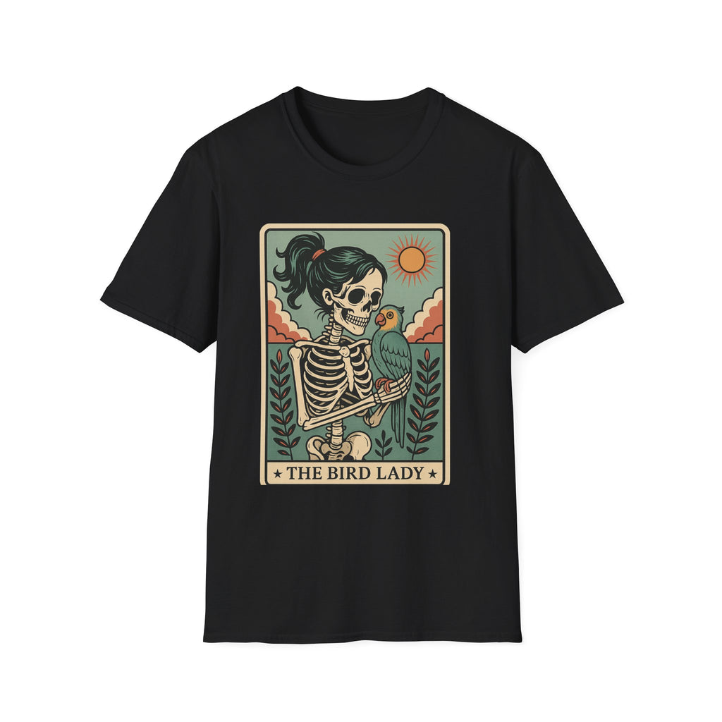 The Bird Lady T-Shirt — Retro Skeleton Woman with Parrot Graphic