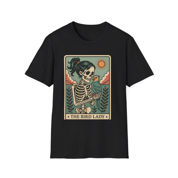 The Bird Lady T-Shirt — Retro Skeleton Woman with Parrot Graphic