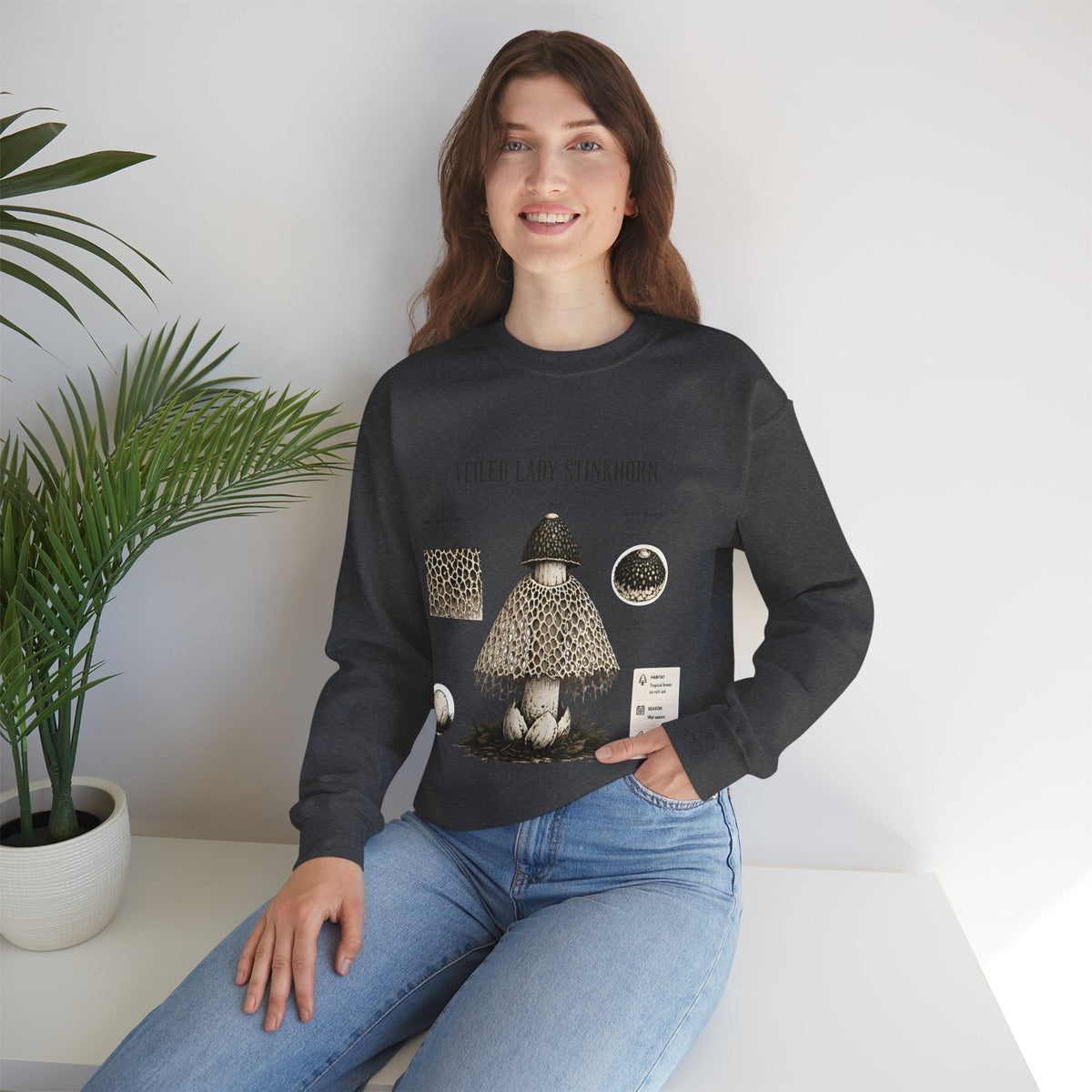 Veiled Lady Stinkhorn Mushroom Crewneck Sweatshirt — Botanical Mycology Graphic