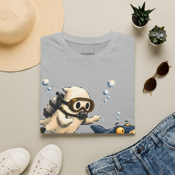 Dive Buddy T‑Shirt — Cute Scuba Pug Chasing Shark Illustration