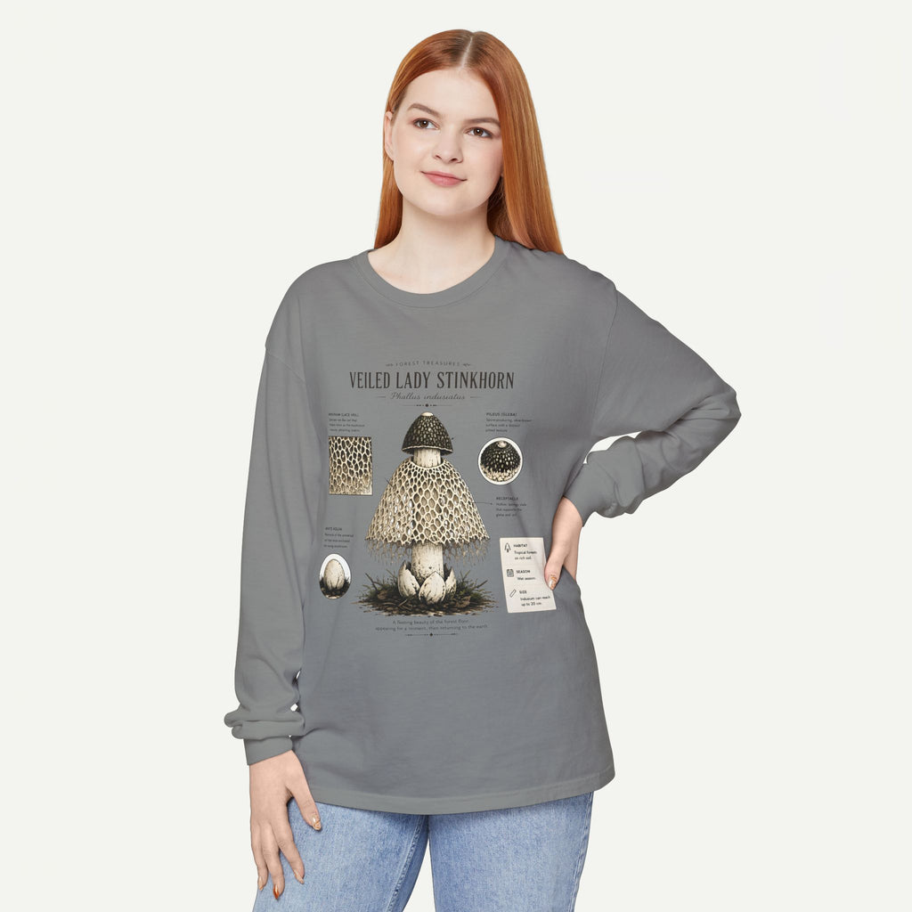 Veiled Lady Stinkhorn Mushroom Long Sleeve Tee — Botanical Fungi Illustration