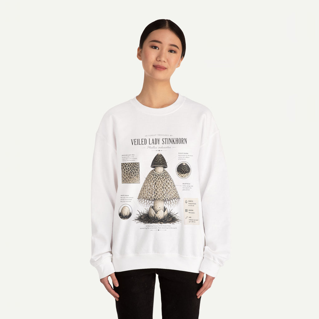 Veiled Lady Stinkhorn Mushroom Crewneck Sweatshirt — Botanical Mycology Graphic