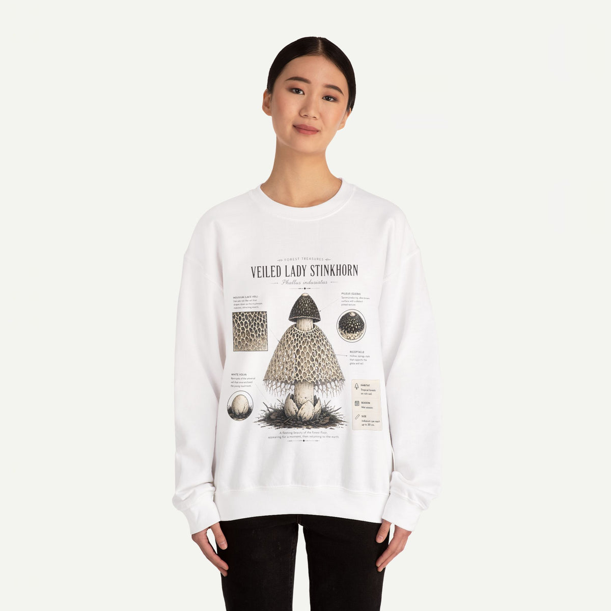 Veiled Lady Stinkhorn Mushroom Crewneck Sweatshirt — Botanical Mycology Graphic