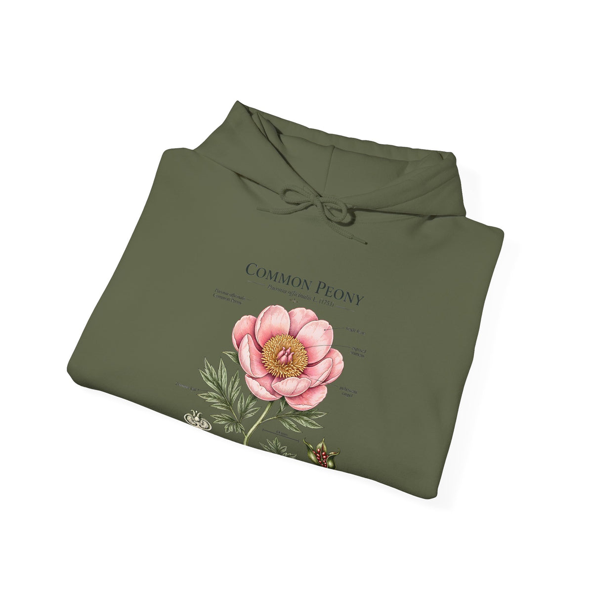 Peony Botanical Hoodie — "Common Peony" Vintage Floral Diagram Sweatshirt